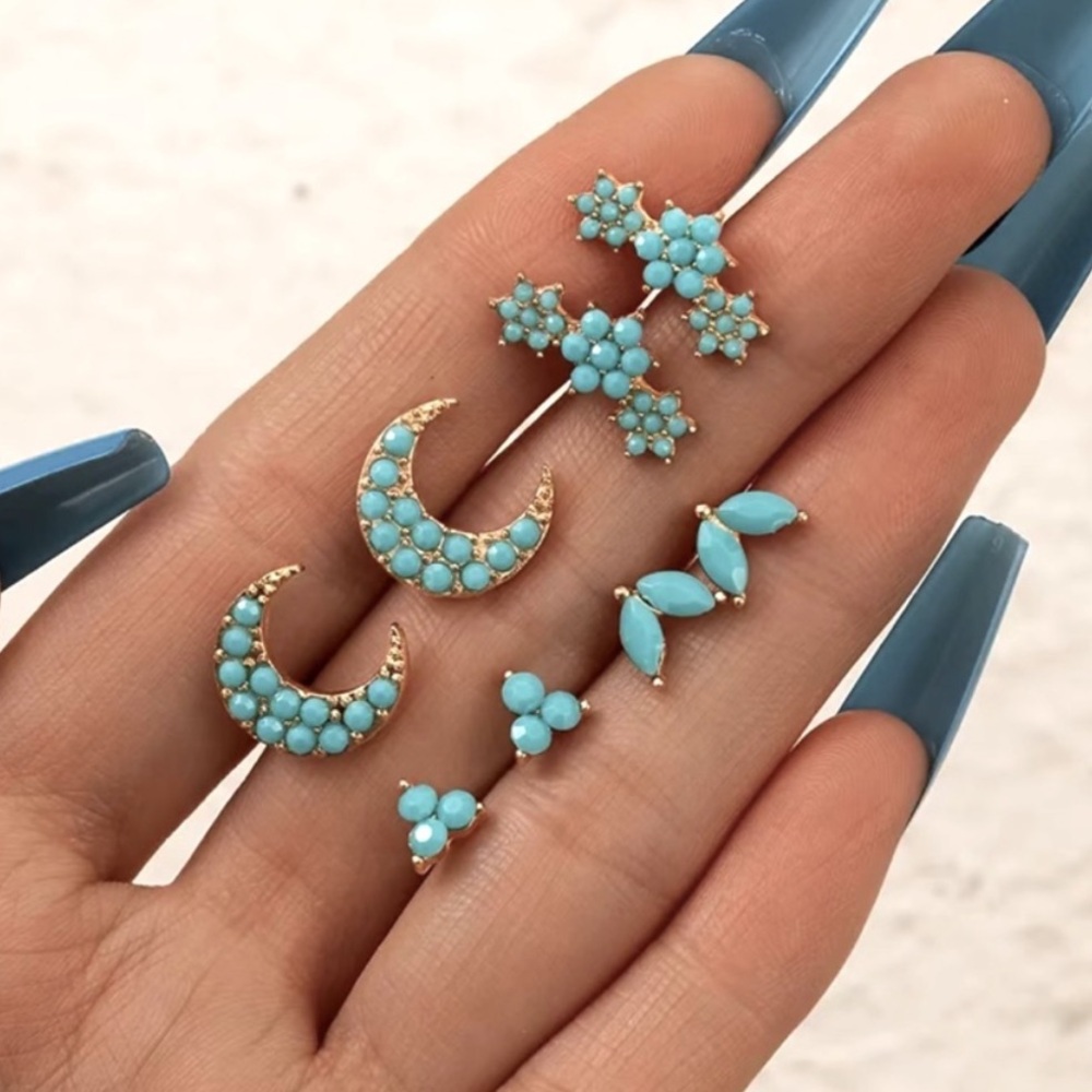 Turquoise Crescent Moon Stud Earrings Set